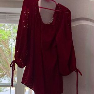 PerSeption Concept Red Eyelet Peasant Top